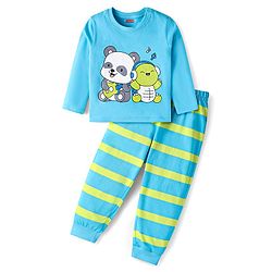 Babyhug Cotton Knit Full Sleeves Night Suit With Stripes & Panda Print - Light Blue