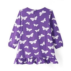 Babyhug Cotton Knit Full Sleeves Butterfly Printed Nighty - Violet