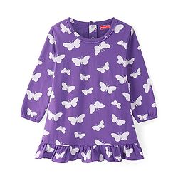 Babyhug Cotton Knit Full Sleeves Butterfly Printed Nighty - Violet