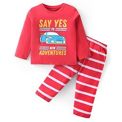 Babyhug Cotton Knit Full Sleeves Night Suit With Stripes & Car Print - Red