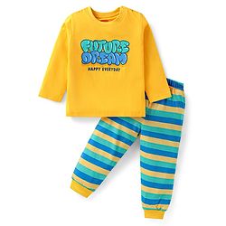 Babyhug Cotton Knit Full Sleeves Night Suit with Text Print & Stripes - Yellow