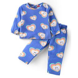 Babyhug Cotton Knit Full Sleeves Night Suit Set with Heart Print - Light Blue