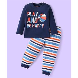 Babyhug Cotton Knit Full Sleeves Night Suit with Text Print & Stripes - Navy Blue