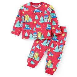 Babyhug Cotton Knit Full Sleeves Night Suit With Cars Print - Red