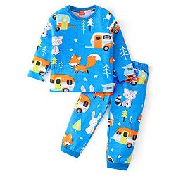 Babyhug Cotton Knit Full Sleeves Night Suit With Animals & Vehicles Print - Blue