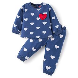 Babyhug Cotton Knit Full Sleeves Night Suit With Heart Print & Patch - Navy Blue