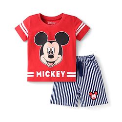Babyhug Disney Single Jersey Knit Half Sleeves T-Shirt & Striped Shorts Set with Mickey Mouse Graphics & Tape Detailing - Red