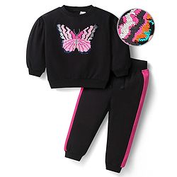 Babyhug Terry Knit Premium Light Gauge Terry Full Sleeves T-Shirt & Lounge Pants Set With Reversible Sequin Detailing - Black