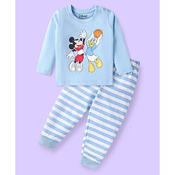 Babyhug Disney Single Jersey Knit Full Sleeve Night Suit With Mickey Mouse Print - Light Blue & White