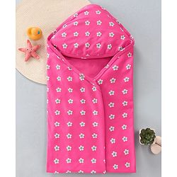 Babyhug Cotton Interlock Floral Print  Hooded Wrapper L 75 x B 72.5 cm - Dark Pink