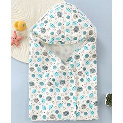 Babyhug Cotton Interlock Space Theme Print Hooded Wrapper L 73 x B 73 cm - Light Blue & White