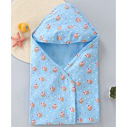 Babyhug Cotton Interlock Cupcake Print Hooded Wrapper L 74 x B 71 cm - Light Blue