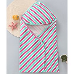 Babyhug Cotton Interlock Striped Hooded Wrapper L 75 x B 73 cm - Green & Red
