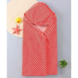 Babyhug Cotton Knit Hooded Wrapper with Stripes L 76 x B 76 cm - Red