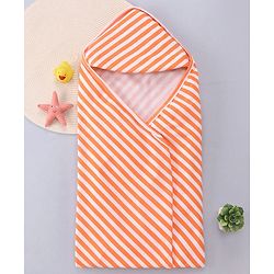 Babyhug Cotton Knit Hooded Wrapper with Stripes L  76 x B 76 cm - Orange