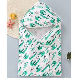 Babyhug Cotton Knit Hooded Wrapper with Crocodile Print L 76 x B 76 cm - White