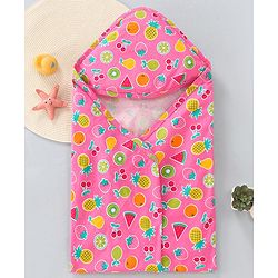 Babyhug Cotton Interlock Fruits Print  Hooded Wrapper L 76 x B 76 cm - Dark Pink