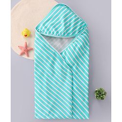 Babyhug Cotton Knit Hooded Wrapper with Stripes L 76 x B 78 cm - Aqua Blue