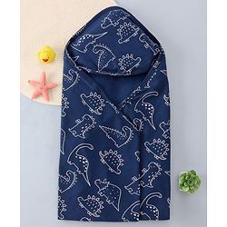 Babyhug Cotton Knit Hooded Wrapper with Dino Print L 76 x B 76 cm - Navy Blue