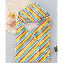 Babyhug Cotton Knit Hooded Wrapper with Stripes L 76 x B 76 cm - White