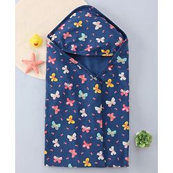 Babyhug Cotton Knit Hooded Wrapper with Butterfly Print L 76 x B 78 cm - Navy Blue