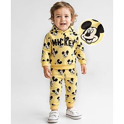 Babyhug Disney Terry Knit Full Sleeves Hooded T-Shirt & Lounge Pant Set With Mickey Mouse Graphics - Yellow