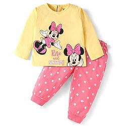 Babyhug Disney Single Jersey Knit Full Sleeves Night Suit with Minnie Mouse Graphics - Yellow & Pink