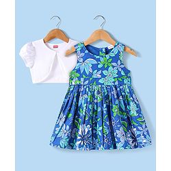 Babyhug Cotton Woven Half Puffed Sleeves Solid Colour Shrug & Floral Printed Frock - Blue