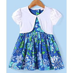 Babyhug Cotton Woven Half Puffed Sleeves Solid Colour Shrug & Floral Printed Frock - Blue