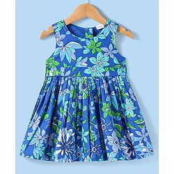 Babyhug Cotton Woven Half Puffed Sleeves Solid Colour Shrug & Floral Printed Frock - Blue
