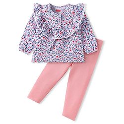 Babyhug Single Jersey Full Sleeves Frill Detailing Floral Print Top with Legging - Blue & Pink