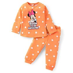 Babyhug Disney Single Jersey Knit Full Sleeves Night Suit With Minnie Mouse Graphics - Orange