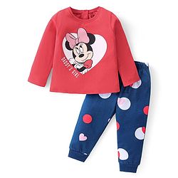 Babyhug Disney Single Jersey Knit Full Sleeves Night Suit With Minnie Mouse Graphics - Red & Blue