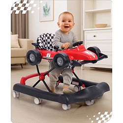 Babyhug F1 Little Racer Foldable Activity Walker with Adjustable Height|Music & Lights|Steering Wheel with Comfy Seat & Push Handle - Red