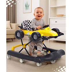 Babyhug F1 Little Racer Foldable Activity Walker with Adjustable Height|Music & Lights|Steering Wheel with Comfy Seat & Push Handle -  Yellow