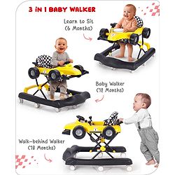 Babyhug F1 Little Racer Foldable Activity Walker with Adjustable Height|Music & Lights|Steering Wheel with Comfy Seat & Push Handle -  Yellow