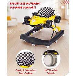 Babyhug F1 Little Racer Foldable Activity Walker with Adjustable Height|Music & Lights|Steering Wheel with Comfy Seat & Push Handle -  Yellow