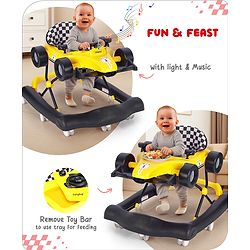 Babyhug F1 Little Racer Foldable Activity Walker with Adjustable Height|Music & Lights|Steering Wheel with Comfy Seat & Push Handle -  Yellow