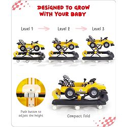 Babyhug F1 Little Racer Foldable Activity Walker with Adjustable Height|Music & Lights|Steering Wheel with Comfy Seat & Push Handle -  Yellow