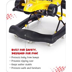 Babyhug F1 Little Racer Foldable Activity Walker with Adjustable Height|Music & Lights|Steering Wheel with Comfy Seat & Push Handle -  Yellow