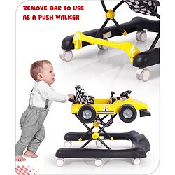 Babyhug F1 Little Racer Foldable Activity Walker with Adjustable Height|Music & Lights|Steering Wheel with Comfy Seat & Push Handle -  Yellow
