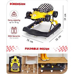 Babyhug F1 Little Racer Foldable Activity Walker with Adjustable Height|Music & Lights|Steering Wheel with Comfy Seat & Push Handle -  Yellow