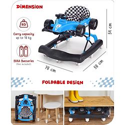 Babyhug F1 Little Racer Foldable Activity Walker with Adjustable Height|Music & Lights|Steering Wheel with Comfy Seat & Push Handle -  Yellow