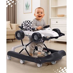 Babyhug F1 Little Racer Foldable Activity Walker with Adjustable Height|Music & Lights|Steering Wheel with Comfy Seat & Push Handle -  Yellow
