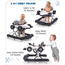 Babyhug F1 Little Racer Foldable Activity Walker with Adjustable Height|Music & Lights|Steering Wheel with Comfy Seat & Push Handle -  Yellow