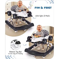 Babyhug F1 Little Racer Foldable Activity Walker with Adjustable Height|Music & Lights|Steering Wheel with Comfy Seat & Push Handle -  Yellow