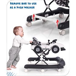 Babyhug F1 Little Racer Foldable Activity Walker with Adjustable Height|Music & Lights|Steering Wheel with Comfy Seat & Push Handle -  Yellow