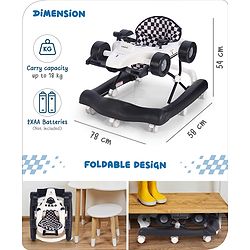 Babyhug F1 Little Racer Foldable Activity Walker with Adjustable Height|Music & Lights|Steering Wheel with Comfy Seat & Push Handle -  Yellow