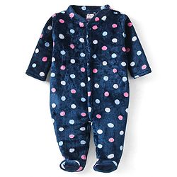 Babyhug Velour Knit Full Sleeves Winter Wear Sleep Suit With Polka Dots Print - Navy Blue