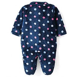Babyhug Velour Knit Full Sleeves Winter Wear Sleep Suit With Polka Dots Print - Navy Blue